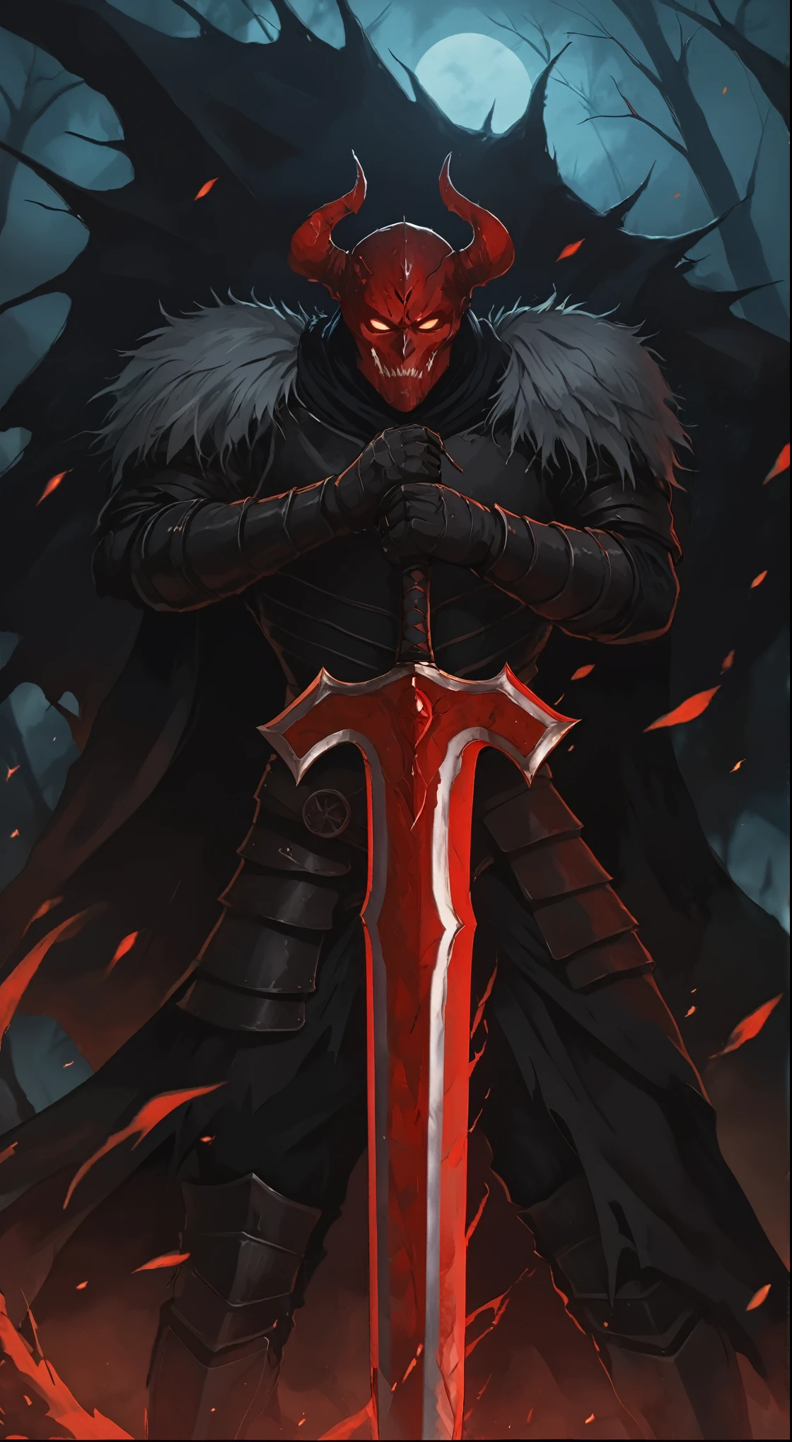 a close up of a person holding a sword in a dark forest, blood knight, berserk skullknight black armor, anthropomorphic raven knight, evil knight, berserk art style, grimdark paladin, berserk guts, dark souls art style, badass anime 8 k, ares with heavy armor and sword, demon slayer artstyle, lord of cinder