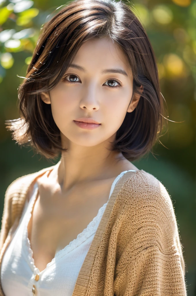 8k, highest quality, masterpiece, Realistic, Photorealistic, Ultra-detailed, Natural light, Highly detailed face and skin, Detailed eyes, Highly detailed face and skin mid-shot, Beautiful woman looking at the camera, Sexy pose, Beautiful Face, Realistic Face, Detailed face, Beautiful Hairstyles, (Short Hair), Realistic eyes, Fine grain, Realistic Skin, Detailed skin, Beautiful Skin, Charm, 超Realistic, Casual Brown cardigan, Cleavage, kid, BLack Hair, Cute Japanese Girl, whole body
