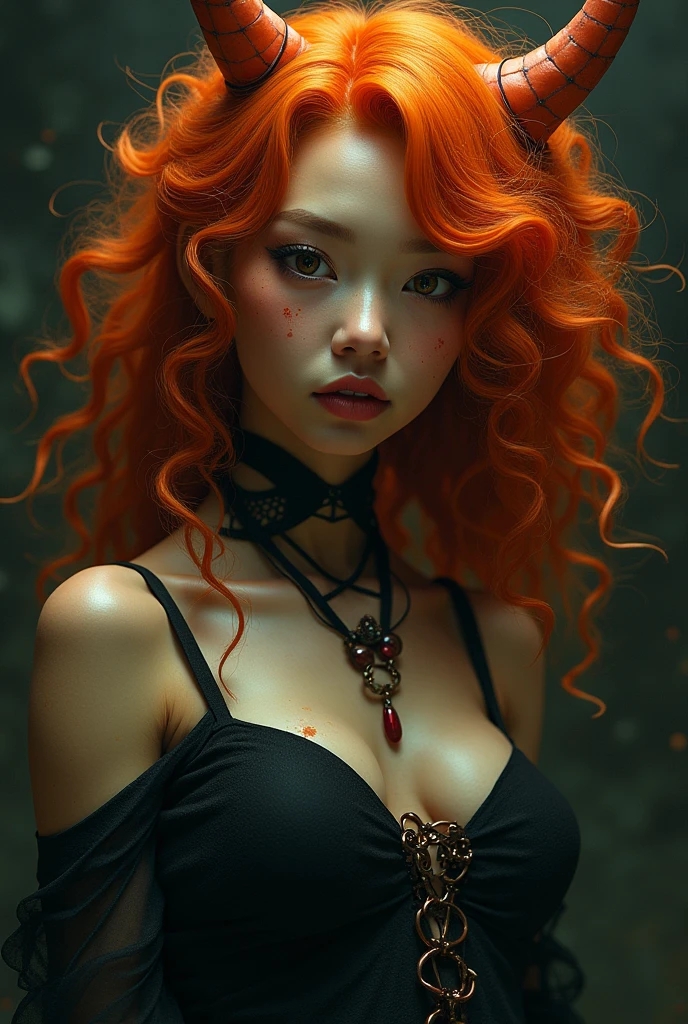 Create a female character with monster right style, with curly and orange hair, black with asian aspects (model drawn)
