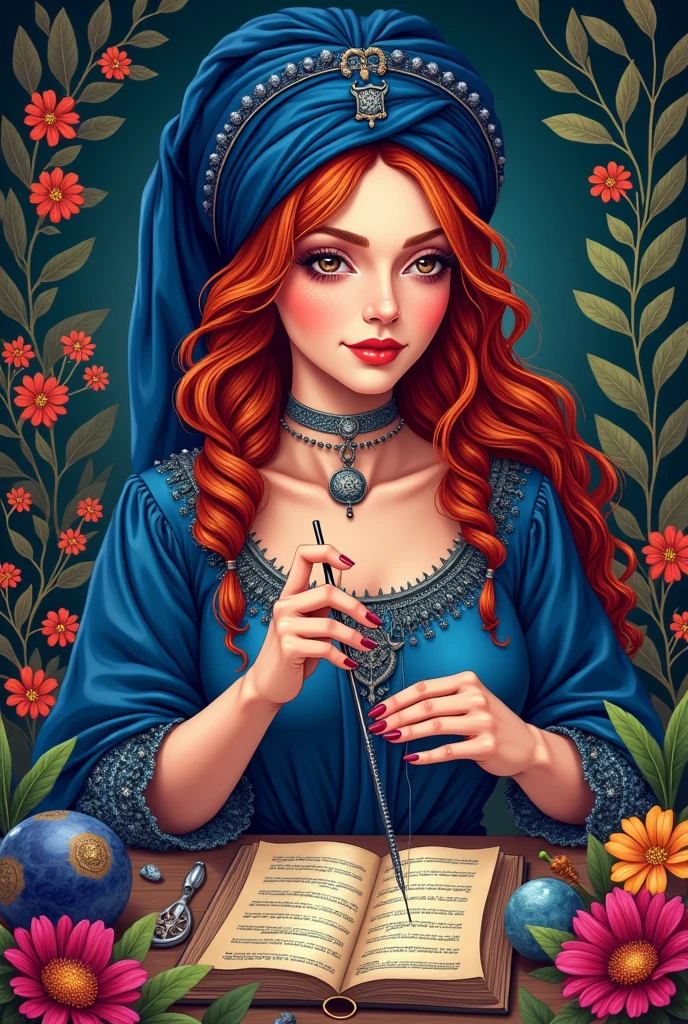 Logo d'une femme aux cheveux rouge avec un turban couleur saphir, elle coud dans un univers coloré et witchy