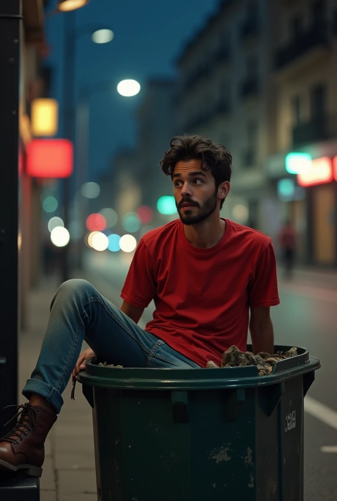 young man with small french beard in red t shirt falls into a Dustbin on the road in the night
