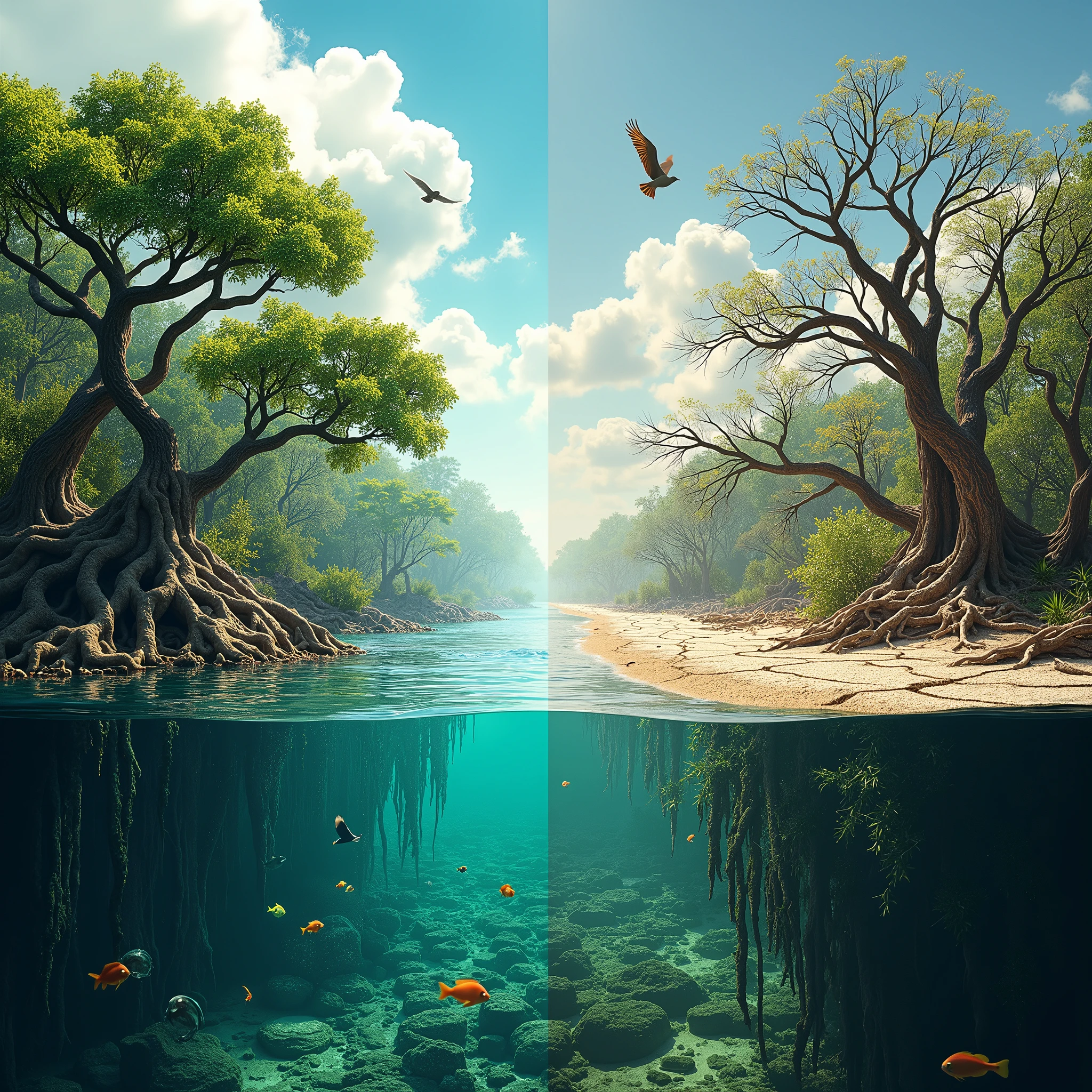 I need a mangrove full of life on the left side, and a dry one on the right side, divide it in 2 