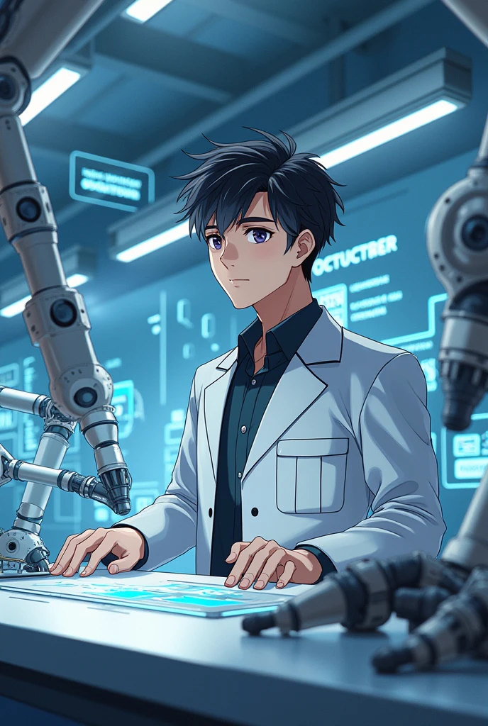 Smart Intellectual handsome anime 
guy in his advance robotic studio