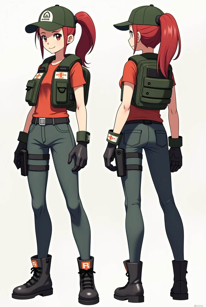 Sonia,pokemon,Standing Girl, cute, 1 girl, , 4-sided design, Diagonals, front, back, profile, Head to body ratio 5, character sheet, whole body, simple background, Four perspectives, tactical gear, bulletproof vest, Good quality, high detail, researcher,Pokemon bowser,ultra detailed, masterpiece, best quality, aesthetic, detailed