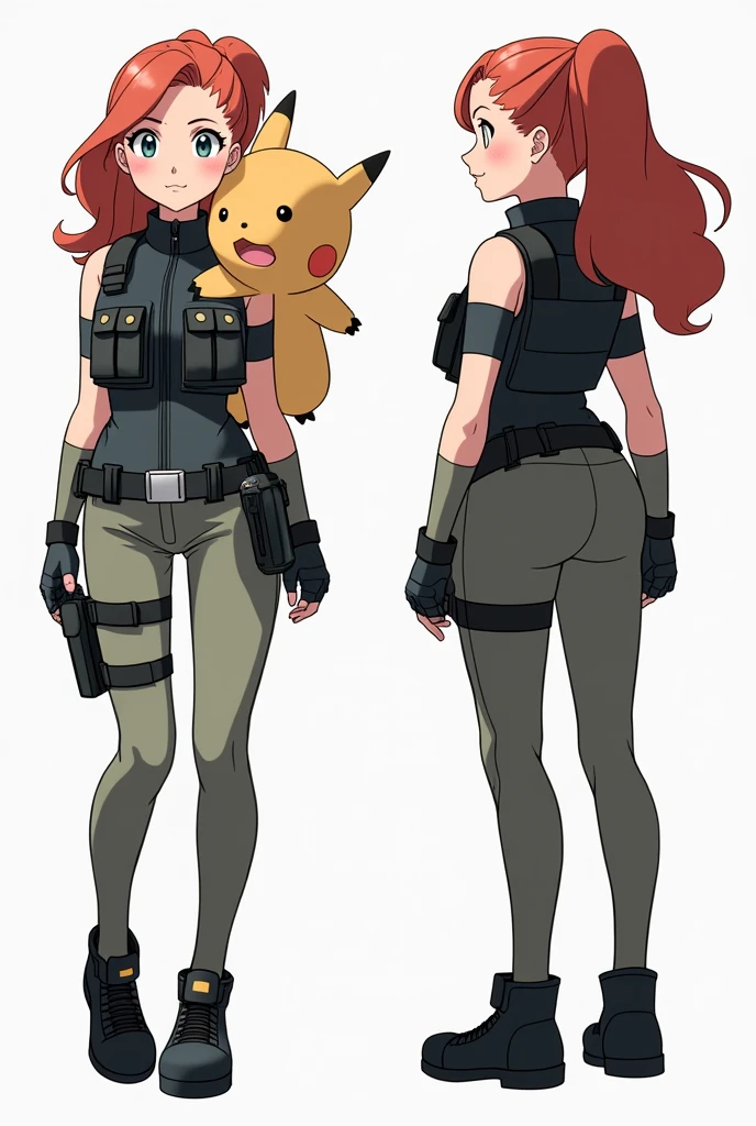 Sonia,pokemon,Standing Girl, cute, 1 girl, , 4-sided design, Diagonals, front, back, profile, Head to body ratio 5, character sheet, whole body, simple background, Four perspectives, tactical gear, bulletproof vest, Good quality, high detail, researcher,Pokemon bowser,ultra detailed, masterpiece, best quality, aesthetic, detailed