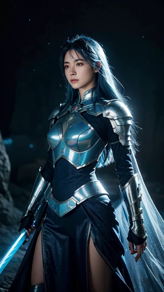 “A strikingly realistic depiction of a female warrior with flowing, waist-length blue hair that shimmers with a metallic sheen. She wears intricately detailed blue armor, adorned with delicate engravings that catch the faint light within a cave resembling a starry night sky. Her large, glowing blue sword, with a blade as sharp as crystal, is held firmly in both hands, reflecting a faint azure glow across her determined expression. The cave around her is vast, with walls textured like dark velvet, punctuated by countless tiny, glowing stars that give the illusion of an endless galaxy. The blue hues of her armor blend seamlessly with the ethereal light of the cave, creating a surreal and mesmerizing atmosphere. Every detail, from the strands of her hair to the polished surface of her armor and the subtle reflections on her sword, is captured with stunning photorealism, making the scene feel vividly alive and intensely dramatic.”