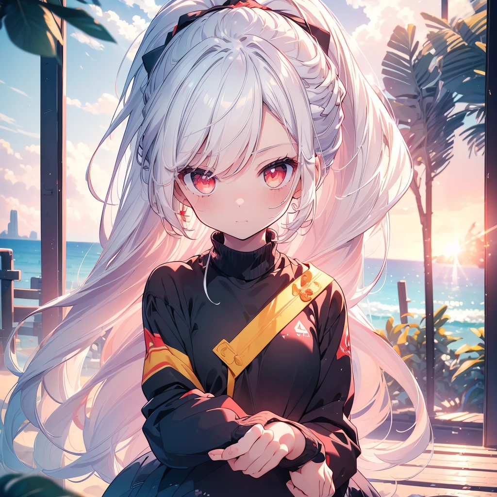 [(Transparent background:1.5)::5],(((masterpiece))),(((best quality))),(((extremely detailed))),illustration, 1girl,solo,mysterious,vivid color,shiny, (ponytail hair),(white hair),(red eyes), full body,long hair tranquil nature, close up,Dynamic actions,Lens perspective, beach(((Box composition))), volumetric lighting, multi-color eyes, detailed eyes, hyper detail