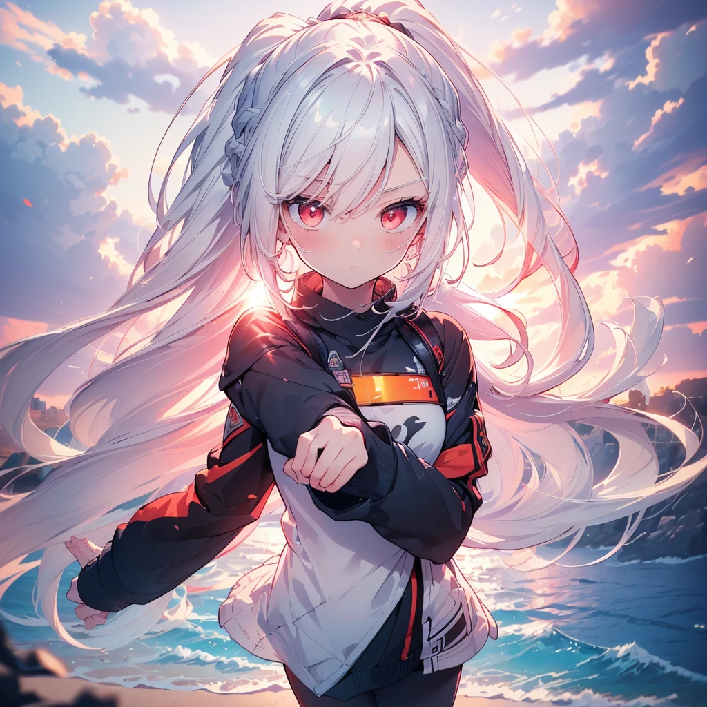 [(Transparent background:1.5)::5],(((masterpiece))),(((best quality))),(((extremely detailed))),illustration, 1girl,solo,mysterious,vivid color,shiny, (ponytail hair),(white hair),(red eyes), full body,long hair tranquil nature, close up,Dynamic actions,Lens perspective, beach(((Box composition))), volumetric lighting, multi-color eyes, detailed eyes, hyper detail