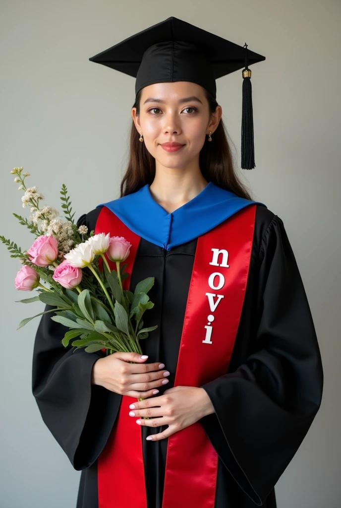 Graduation photo of a woman wearing a toga holding a bouquet and a red sash with the words Novi written on it, s. The graduation gown is black with a blue neck and a toga hat.
