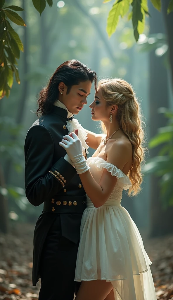 Realistlic photo of dancing couple vintage photo couple between man as Michael Jackson the American king of pop as 1995 era looking and wearing black outfit as France Sun king Louis XVI era outfit and in heaven acient forest that have large tropical trees as backround is dancing couple with White European Estonian young adult 2 and 167 cm girl kärt with wearing dyed dull blonde very long wavy hair , have arched brown natural eyebrows , have square shaped face , have low cheekbones , have oily skin , have narrow upper lips , have lighted earth blue eyes and is wearing mermaid makeup with blue smokey eyeshadow and pink lipgloss in lips and is wearing White Moon minidress and white gloves