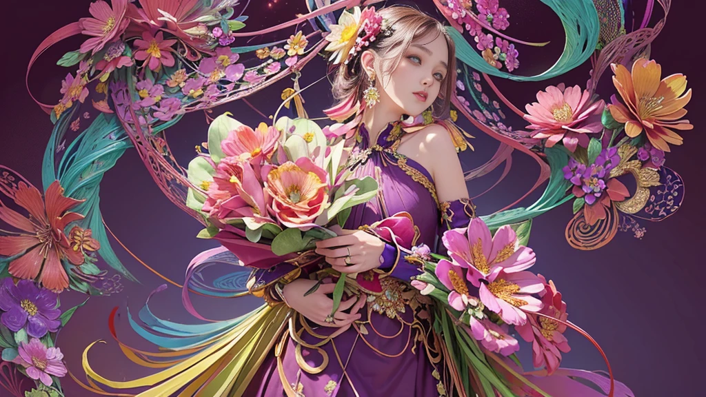 32K, 最高quality, 最高masterpiece, ((1 personの少女)), (masterpiece, 最高quality, 最高quality, Official Art, Beautiful and aesthetic: 1.2), High resolution, Super detailed, Very detailedな, 1 personの, (bouquet:1.3), (1 Flower), Upper body, Very detailedな, (Fractal Art: 1.3), colorful, Most detailed, (Earrings Flower:1.5), Purple-red pale background, It's imaginative., (Tangled:1.2), (Geometric:1.2),(colorful),(masterpiece, quality, best quality, Official Art, Beautiful and beautiful:1.2), (1 person:1.3), Very detailed,(colorful:1.1)(Flowers:1.3),Most detailed,(Tangled:1.2), whole body, (Abstract background:1.3), (Skin glows), (Many colors:1.4),