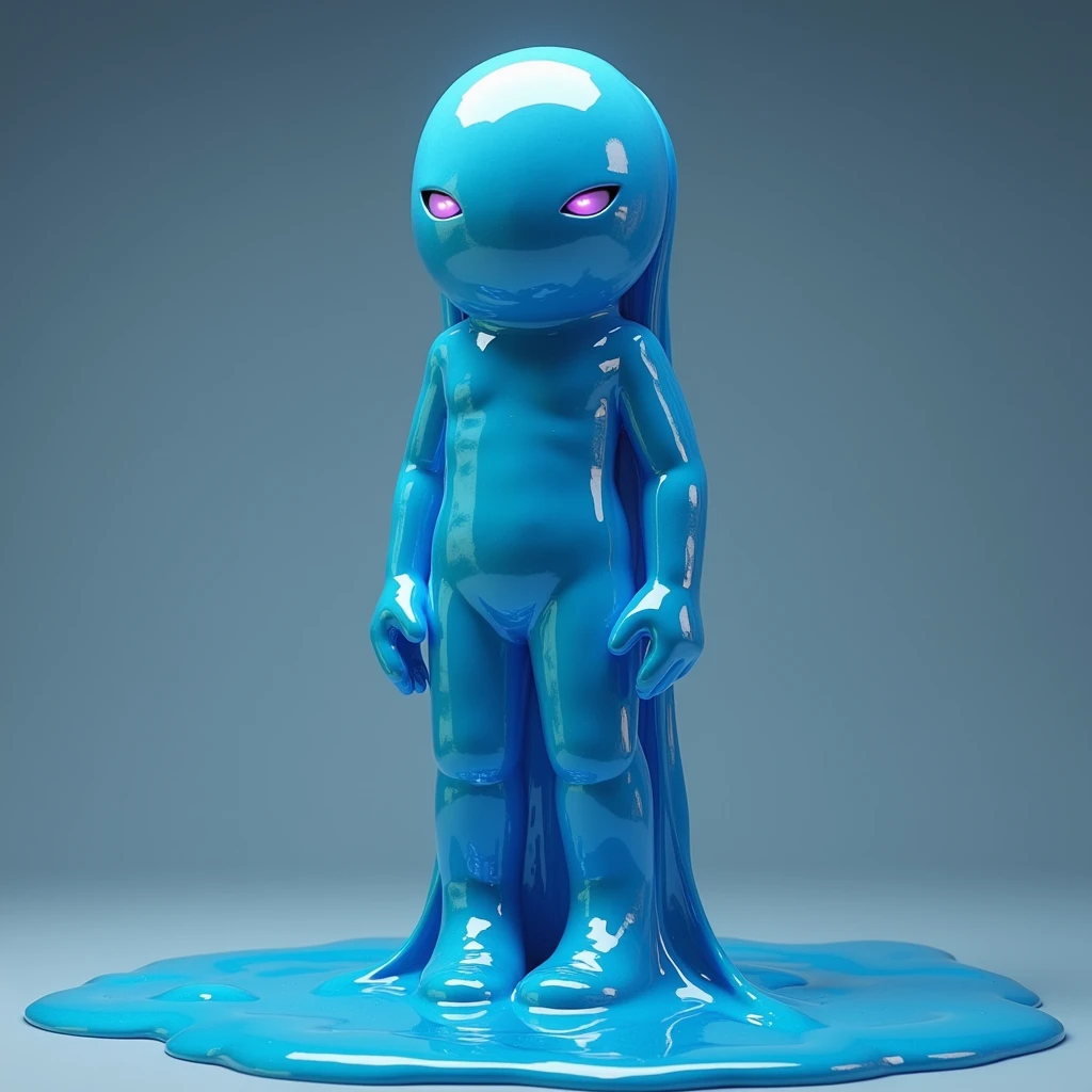 "A girl made of slime, with a mesmerizing blue slime texture, standing under studio lighting. The goo covering his body has a reflective surface that adds depth and dimension to the image.. The image is of the best quality, with ultra-detailed features that capture every intricate detail of the slime. The overall effect is realistic, with the slime looking almost real. The portrait style emphasizes the main focus of the image., showing off its unique shape and texture. The colors of the image are vivid, creating a visually striking contrast between the girl and the background. Studio lighting highlights the contours of the slime, creating shadows and highlights that add an extra layer of realism to the image."