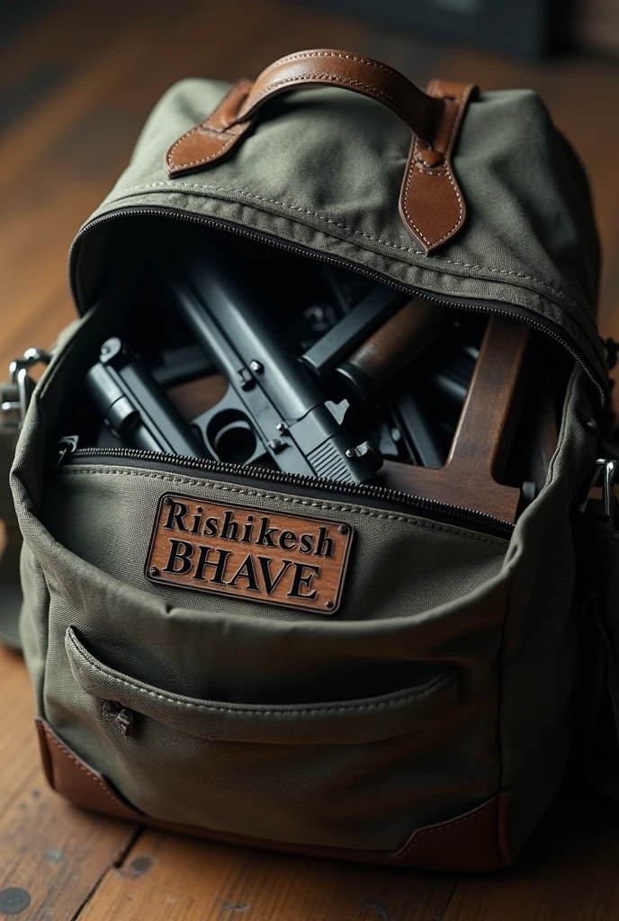 A bag full of guns with a nameplate written on it RISHIKESH BHAVE LOOK LIKE REAL