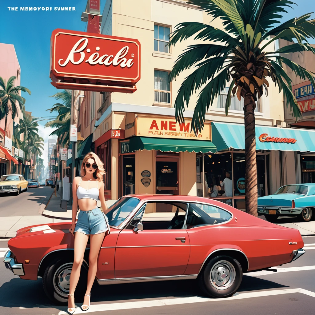 (masterpiece, Highest quality:1.1),90s Record Cover Art,City Pop,The title of the song is "a memory from summer",Red car,Palm tree,Girl's back view,Seaside Road, Inspired by Hiroshi Nagai's CMYK palette,An illustration/Hisashi Eguchi,(Blue outline),