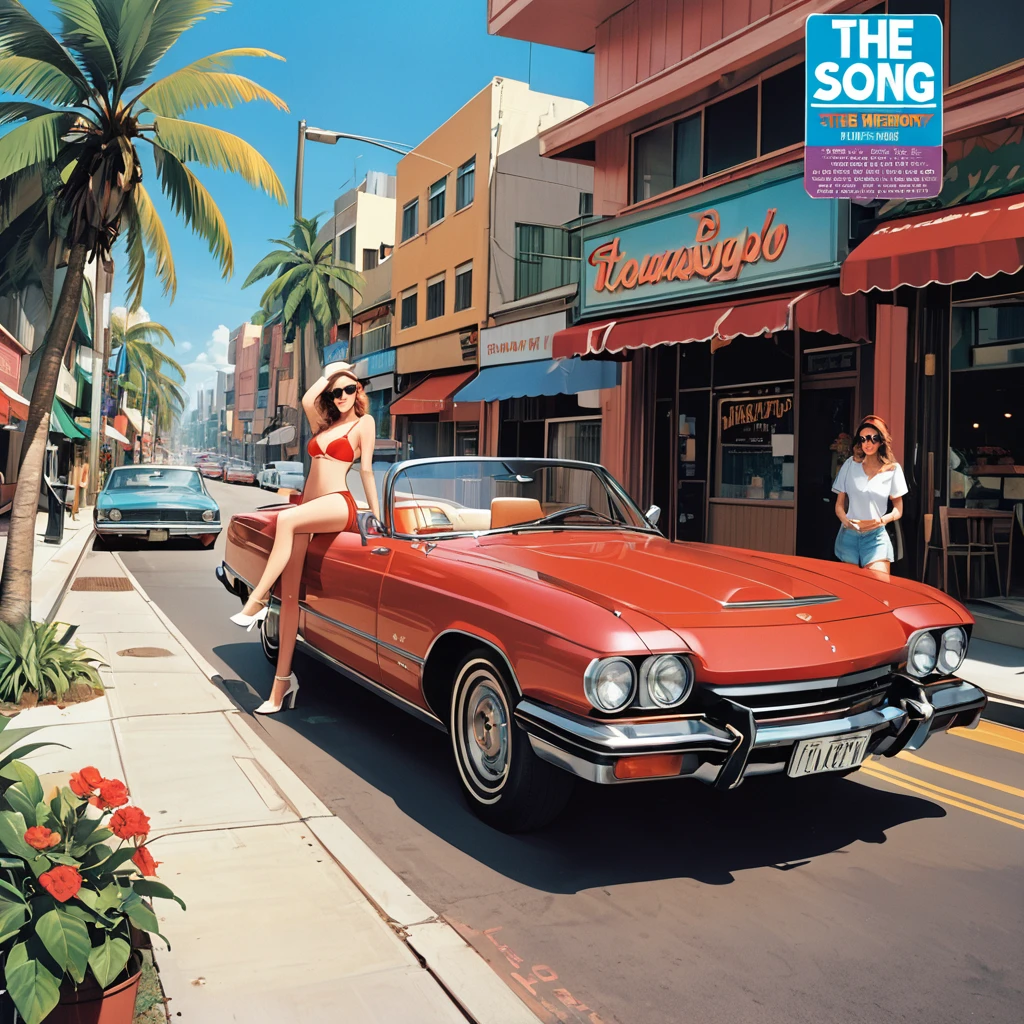 (masterpiece, Highest quality:1.1),90s Record Cover Art,City Pop,The title of the song is "a memory from summer",Red car,Palm tree,Girl's back view,Seaside Road, Inspired by Hiroshi Nagai's CMYK palette,An illustration/Hisashi Eguchi,(Blue outline),