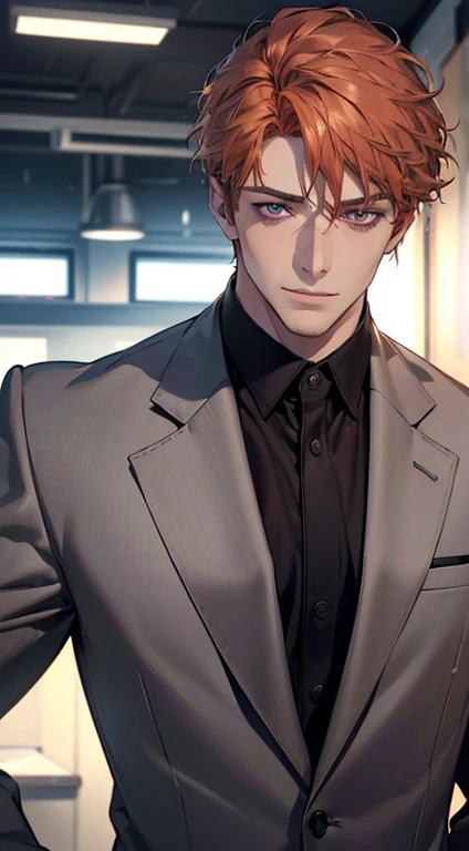 (best quality,4k,8k,highres,masterpiece:1.2),ultra-detailed,(realistic,photorealistic,photo-realistic:1.37),1 man,3,mature man,very handsome,without expression,smile,short grey b
Orange hair,violet eyes,penetrating gaze,perfect face without errors,imposing posture,businessman,office background,cinematic lighting,hdr image
