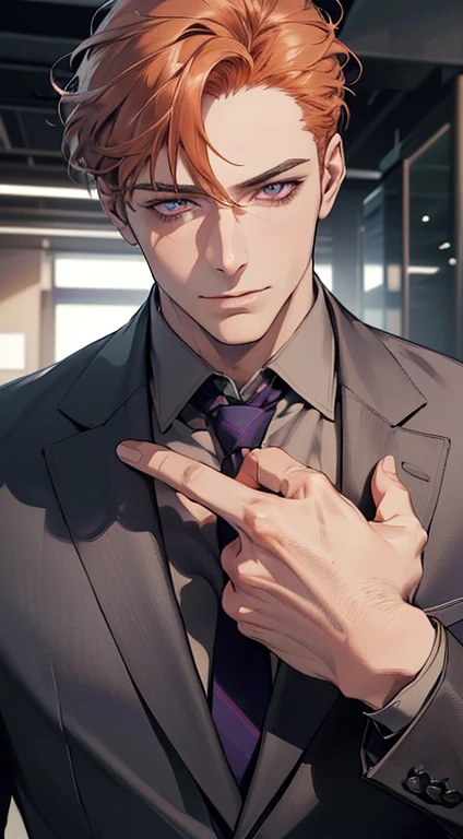 (best quality,4k,8k,highres,masterpiece:1.2),ultra-detailed,(realistic,photorealistic,photo-realistic:1.37),1 man,3,mature man,very handsome,without expression,smile,short grey b
Orange hair,violet eyes,penetrating gaze,perfect face without errors,imposing posture,businessman,office background,cinematic lighting,hdr image