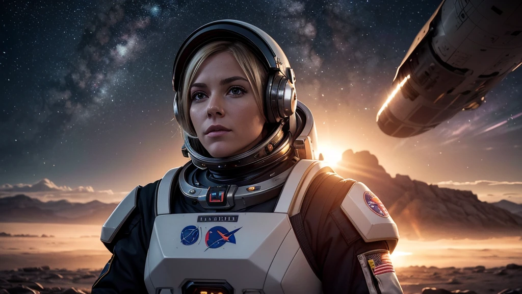 masterpiece, a beautiful blonde german girl lonely astronaut, desolate planetary landscape, space and stars, electric ambiance, utility belt, metallic gray zinc, science fiction, ultra high resolution. Photorealistic, 16k, UHD, HDR, Best quality, skin-tight astronaut suit, intricate, most fantastic details, ROUGH, Dramatic lighting, full body, spaceships in the sky, realistic reflections, sunrise, focus scale, , determined, dynamic posture, a military space complex in the background