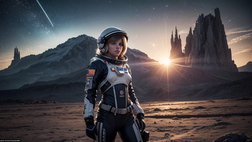 masterpiece, a beautiful blonde german girl lonely astronaut, desolate planetary landscape, space and stars, electric ambiance, utility belt, metallic gray zinc, science fiction, ultra high resolution. Photorealistic, 16k, UHD, HDR, Best quality, skin-tight astronaut suit, intricate, most fantastic details, ROUGH, Dramatic lighting, full body, spaceships in the sky, realistic reflections, sunrise, focus scale, , determined, dynamic posture, a military space complex in the background