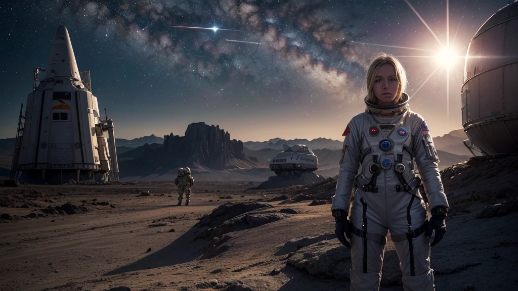 masterpiece, a beautiful blonde german girl lonely astronaut, desolate planetary landscape, space and stars, electric ambiance, utility belt, metallic gray zinc, science fiction, ultra high resolution. Photorealistic, 16k, UHD, HDR, Best quality, skin-tight astronaut suit, intricate, most fantastic details, ROUGH, Dramatic lighting, full body, spaceships in the sky, realistic reflections, sunrise, focus scale, , determined, dynamic posture, a military space complex in the background