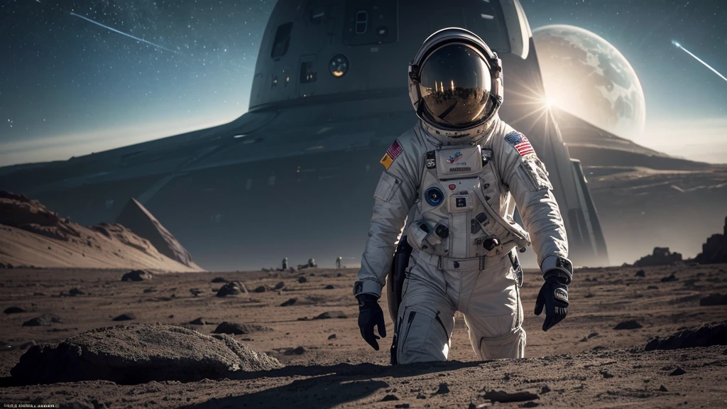 masterpiece, a beautiful blonde german girl lonely astronaut, desolate planetary landscape, space and stars, electric ambiance, utility belt, metallic gray zinc, science fiction, ultra high resolution. Photorealistic, 16k, UHD, HDR, Best quality, skin-tight astronaut suit, intricate, most fantastic details, ROUGH, Dramatic lighting, full body, spaceships in the sky, realistic reflections, sunrise, focus scale, , determined, dynamic posture, a military space complex in the background