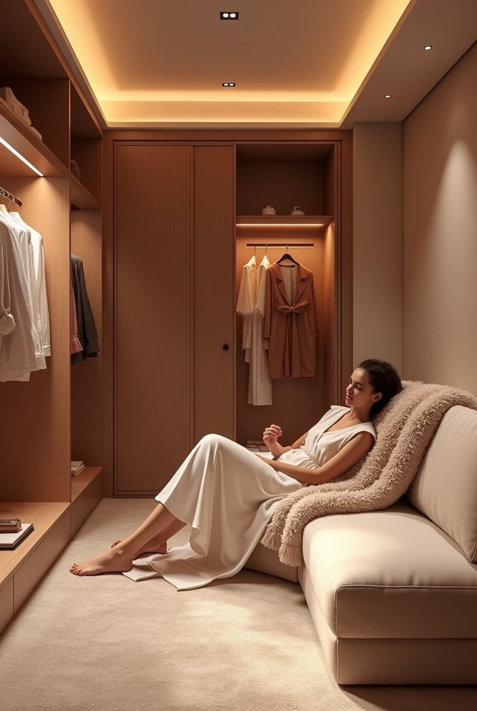 Warm and cozy dressing room with subdued lighting and soft wall colors.
