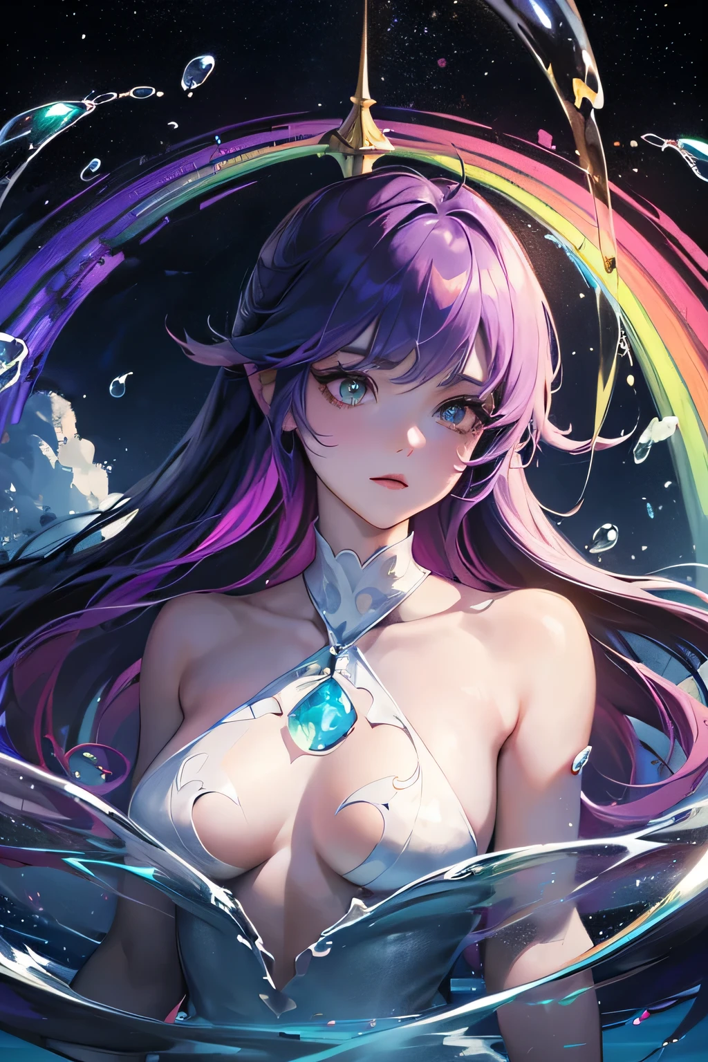 masterpiece, The need for goodness, 1 person, Adult, Mature Woman, Tall muscular man, Dark Theme, Magic array, bubble, Rainbow sunshine, In the water, mirror, Floating Glass Sheet, Rainbow Light, bubbleスワール, Whirlpool of the wind, Aurora, Fantasy Landscape, Starlight around the character, (Upper Body), Naked on Upper Body, Unicorn Tattoo