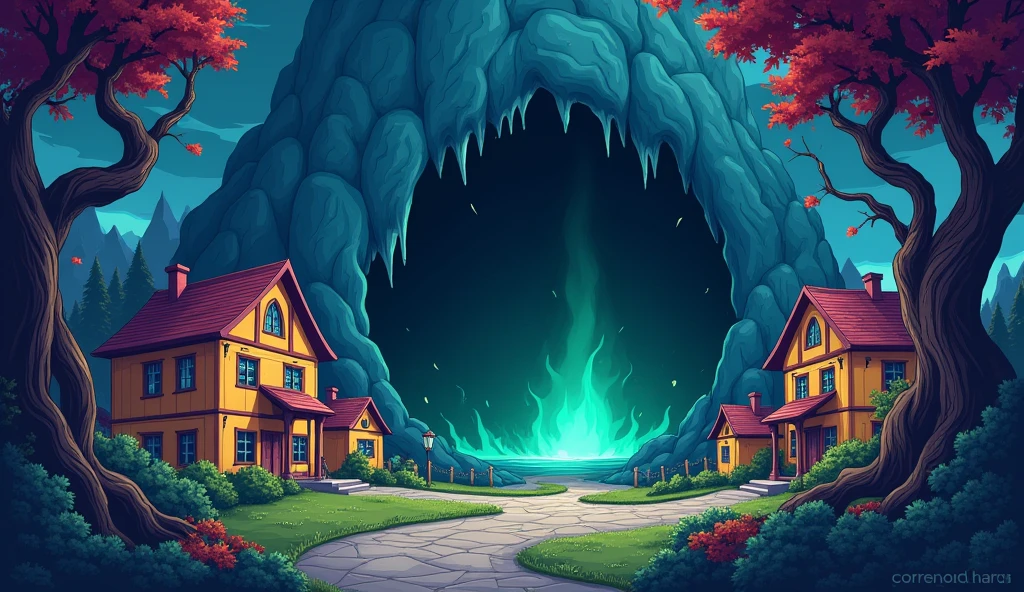 A horror cave in a village cartoon pic