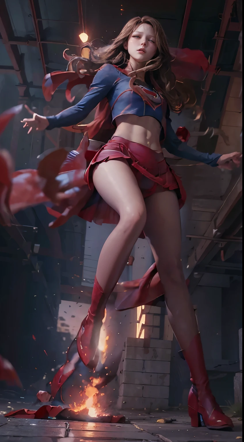 whimpering Melissa Benoist open thighs, (supergirl upskirt), ((blue panties:1.2)), (shoot from below:1.8), sky, solo, red cape, (tatter red skirt:1.8), she is lying unconscious on the floor, damage, injuries, bruises, face of Melissa Benoist, zoom out, (full body shot:1.5), red boots, pantyhose:1.2, Melissa Benoist, beautiful face, hyper detailed face, eyes close, painful face,