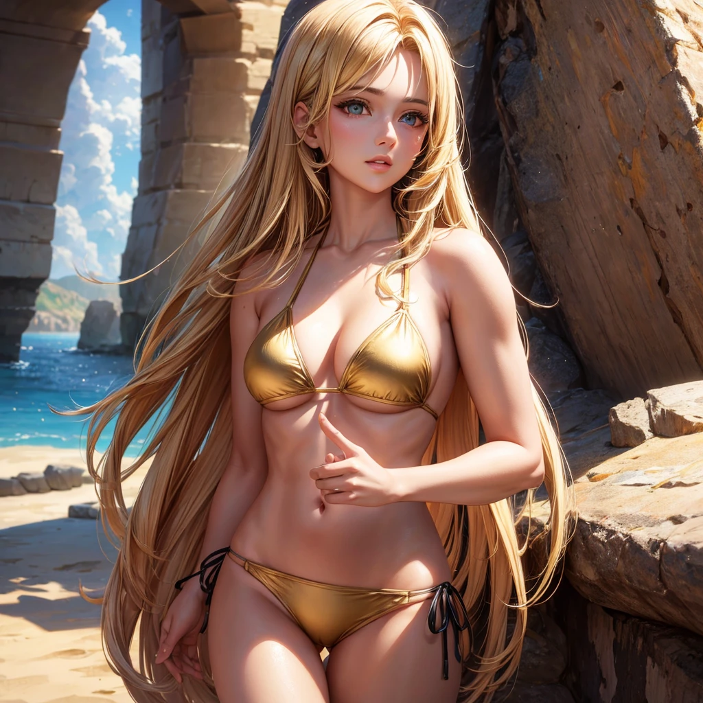 best quality, Masterpiece, (realistic:1.2), 1 woman, golden hair, brown eyes,front, detailed face, beautiful eyes,cute,Wearing a bikini