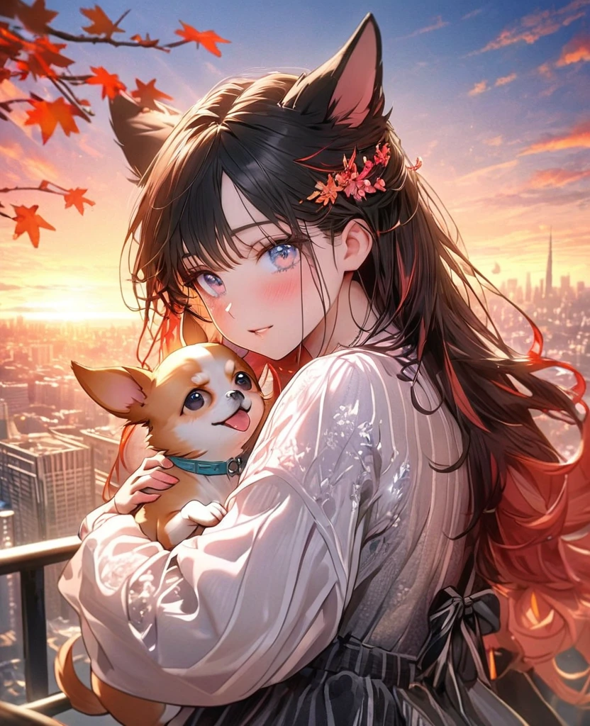 8k,Ephemeral beauty,Very delicate and beautiful,Beautiful and realistic skin,,Black Hair、Long and colorful hair,Beautiful Eyes,good,Beautiful sunset、dog(Chihuahua)hug、dogクリーム色、dogと散歩、Casual clothing、autumn、city、I'Don't wear hair clips