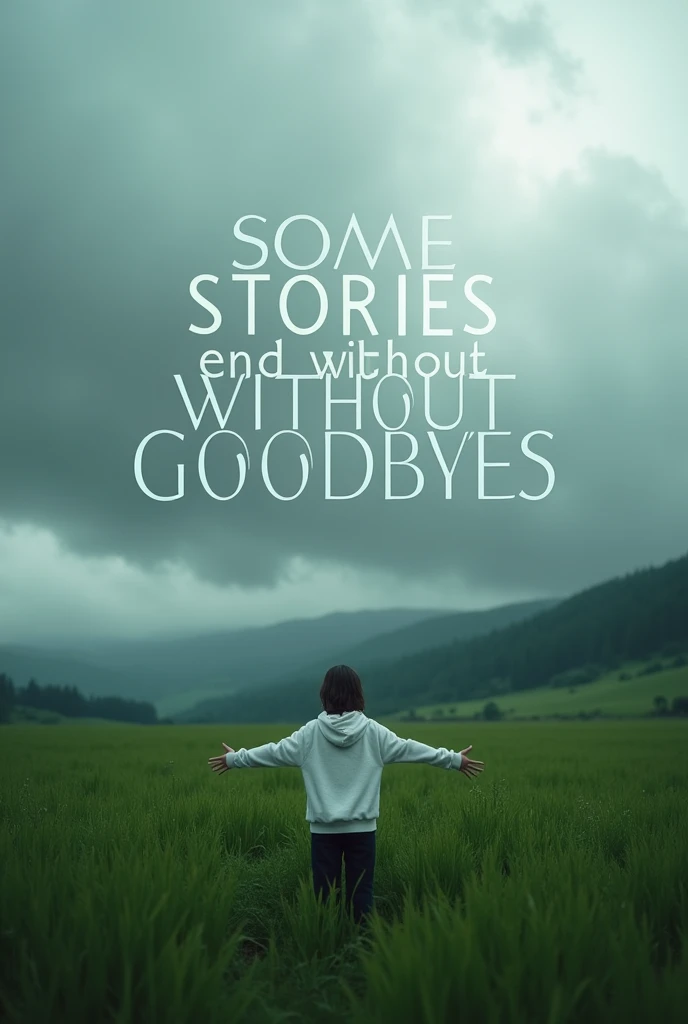 Create a scene where a person stands amidst a vast, lush green field, surrounded by a serene and moody landscape. The person is dressed in a white hoodie, slightly turned away, with arms outstretched, embracing the natural surroundings. The sky above is overcast with thick clouds, adding a dramatic touch to the atmosphere. In large, bold text overlay, include a poignant phrase like "Some Stories End without Goodbyes" to evoke a sense of reflection and contemplation. The overall mood is calm yet introspective, with a blend of nature's beauty and the quiet strength of solitude. Realistic