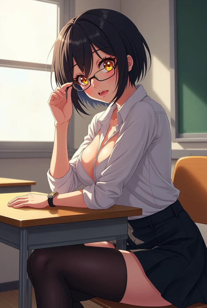 best quality, detailed), 1girl, solo, in classroom, sexy body, squinting, topaz, white shirt, black stockings, short black skirt, (horny face, ahegao face) glasses, Sitting in the desk,ANIME ART,Medium breasts ,Short haired