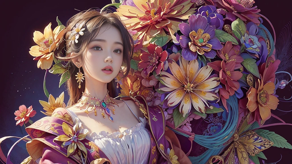 32K, 最高quality, 最高masterpiece, ((1 personの少女)), (masterpiece, 最高quality, 最高quality, Official Art, Beautiful and aesthetic: 1.2), High resolution, Super detailed, Very detailedな, 1 personの, (bouquet:1.3), (1 Flower), Upper body, Very detailedな, (Fractal Art: 1.3), colorful, Most detailed, (Earrings Flower:1.5), Purple-red pale background, It's imaginative., (Tangled:1.2), (Geometric:1.2),(colorful),(masterpiece, quality, best quality, Official Art, Beautiful and beautiful:1.2), (1 person:1.3), Very detailed,(colorful:1.1)(Flowers:1.3),Most detailed,(Tangled:1.2), whole body, (Abstract background:1.3), (Skin glows), (Many colors:1.4),