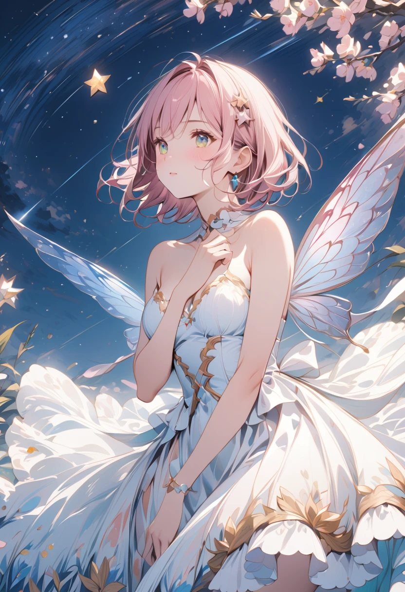 masterpiece, wishing stars, girl wearing an ethereal translucent dress made of stars, magical, fantasy, whimsical, complex drawing, highly detailed, ethereal, starry night, midjourney style
