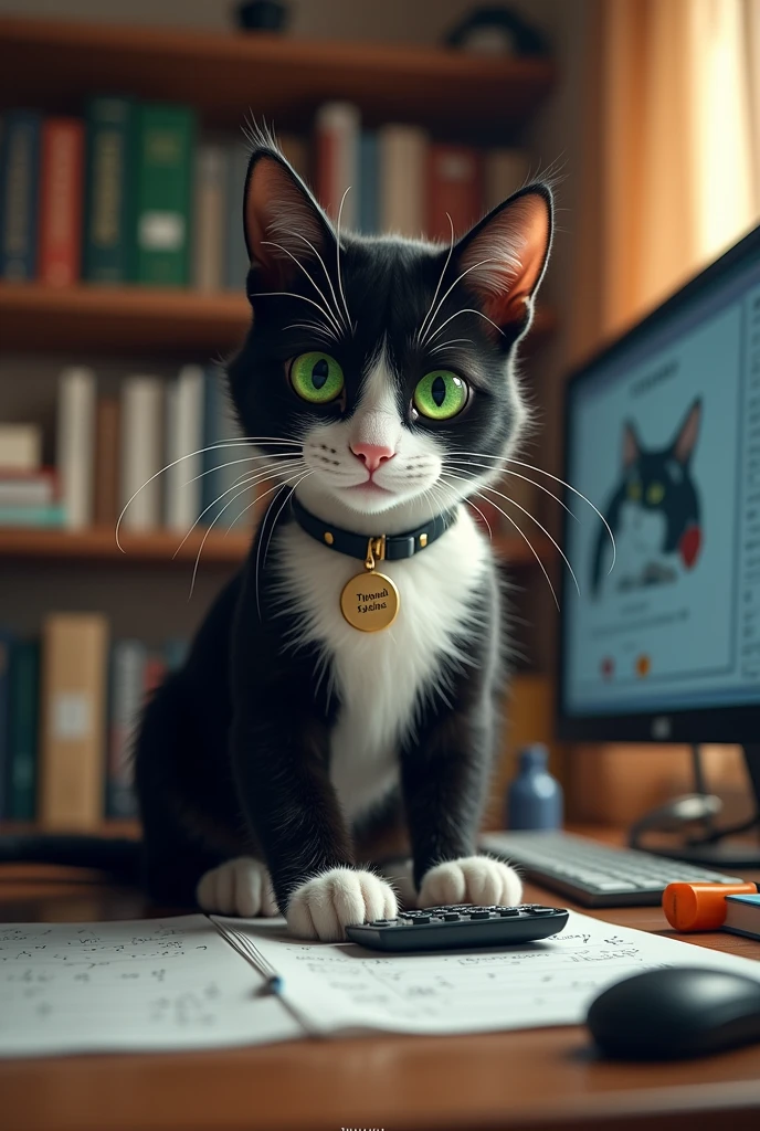 Un chat tuxedo aux yeux verts avec un collier où il est écrit Tybalt. En train de faire des calculs dans un bureau. En version réaliste. 