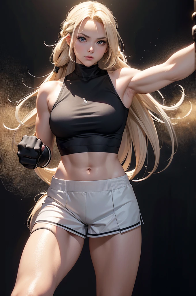 1 Nordic woman, full body, Blonde, Long Hair, Braid, Wearing a black tank top, Wearing black half-tights, Finger Removal Gloves, Make a fist., Boxing ring on background, Muscular, Tight waist, Surrealism, cinematic lighting, cowboy shot, UHD, retina, masterpiece, accurate, anatomically correct, textured skin, super detail, high details, high quality, award winning, best quality, highres, HD, 8k
