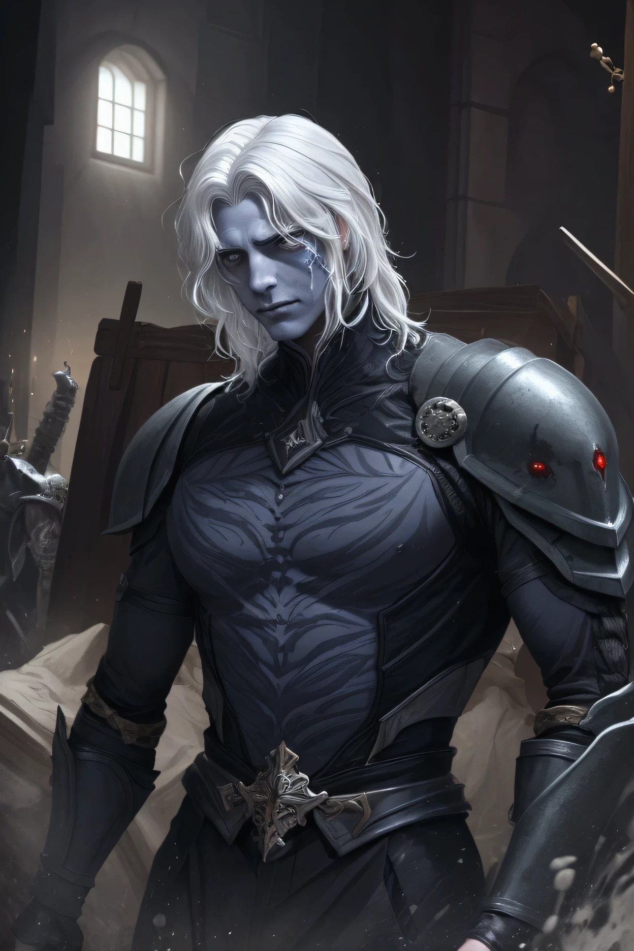 name: Lancelot Age: 21 Race: Undead Strengths:
armour: 3 Strength: 3 Skill: 4 Features: Lancelot is an undead, a loan shark beheaded him in a sawmill(constantly makes jokes about losing his mind) Apesar disso, Lancelot has not lost his features, remains a charismatic man, cheerful and that exudes compassion. Despite his young age, has white hair (stress maybe) your eyes are black, your skin despite being a living dead, remains the same, but with one condition: every time you lose your head again, your skin rots a little, so every time he “dies” he becomes even more of a living dead.
For being a zombie, does not feel pain, despite being the same, he is a very intelligent and remarkable man, not being slow, He is athletic and his greatest skill is fencing (SWORD FIGHT) has a remarkable capacity, agility, strength, has great perception and can dodge a possible enemy attack as well… A weakness? Lancelot is more sensitive to fire or heat.
He also hates loud noises… Finally, Lancelot has serious money problems (after all that's what led to his death).