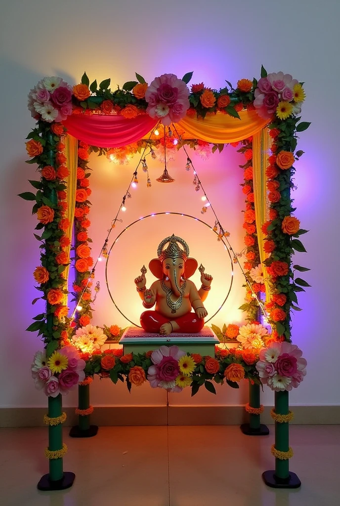 In the background of Ganapati decoration , build a structure with the help of pvc pipes as square shape frame and in the pvc square create circle which is smaller than pvc frame . And decorate the all design with the help of artificial flowers, LED light series. Size of circle is 2 ft and pvc frame size is 3 ft .My background wall colour is white and all Decorate the top of the PVC pipe and apply colorful cloth on the inner circle and decorate with flowers and garlands and decorate with LED lights inside the inner circle. All this decoration is done on a board which is 2 ft raised from the ground and the board has four bases. .Generate picture I'm giving the all measurements plz create accordingly that , and the ganesha murti is up to 1.5 to 2 ft big . Don't add in front of pvs pipe only create the background , give me more options