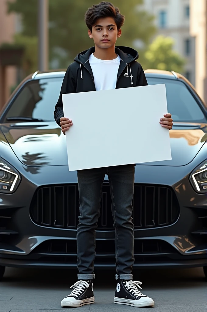 A stylish boy standing front of a car with caught a white board
Wearing a white t-shirts with black jacket and black jeans and sneaker