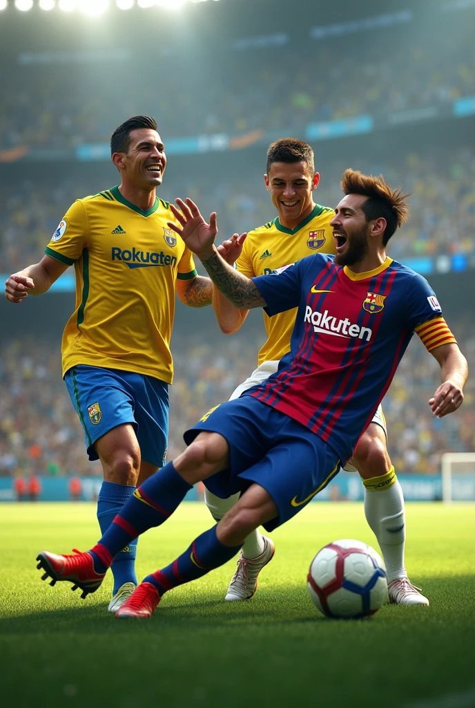 Neymar falling on the football field and Messi laughing and Cristiano with the Corinthians shirt
