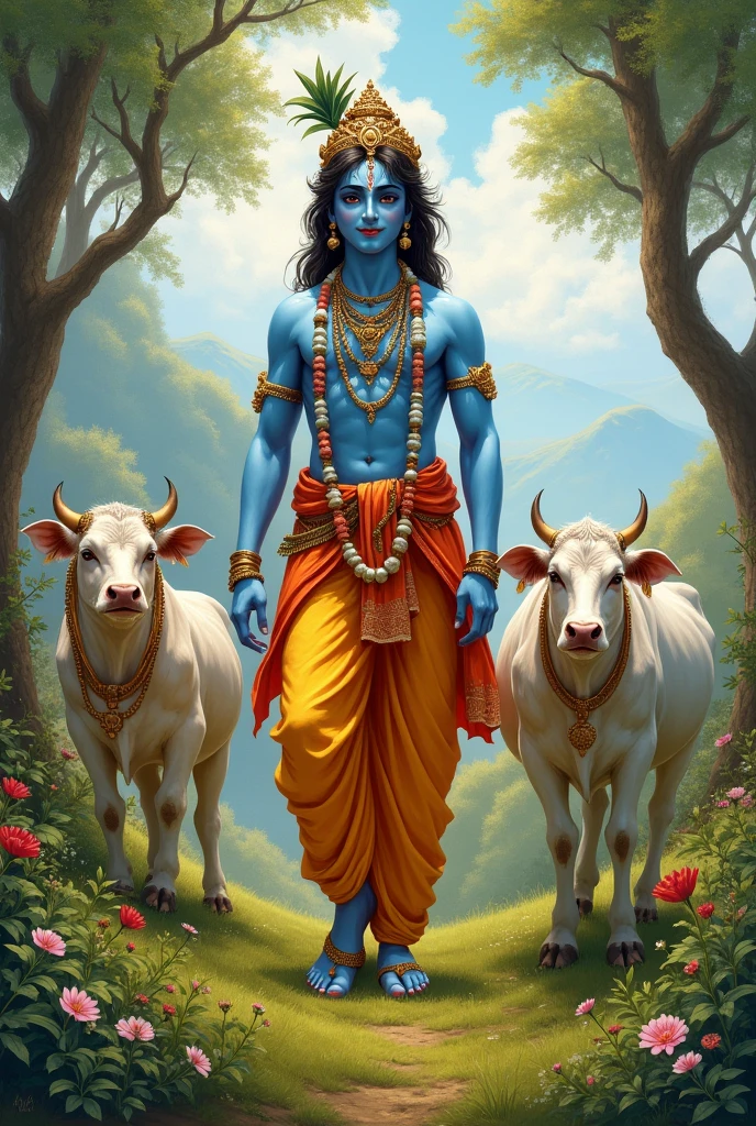 Lord little krsna is standing there backside cows with natural environment he is a smile