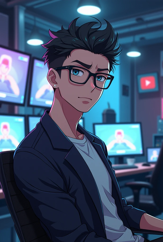 Smart Intellectual handsome anime 
guy with glasses sitting in his advance YouTube studio