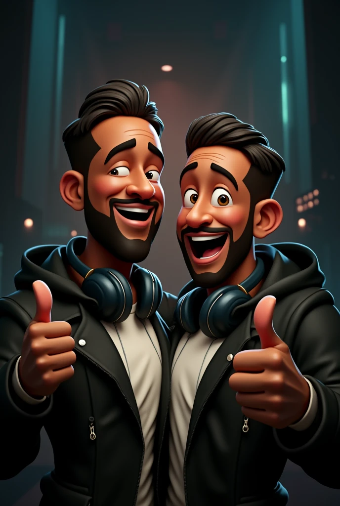 2 smiling black man in a black jacket with gaming headphones around his neck, showing thumbs up, beard cut on his cheeks and with a big beard on his chin, light brown eyes and African American taper fade haircut, medium length black hair . with game setup background.drawing in 3D Art style, c4d, disney style, pixar style render illustration Super Detail, 8K