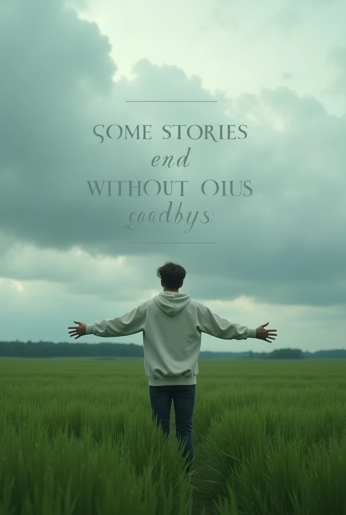 Create a scene where a 20 year old boy stands amidst a vast, lush green field, surrounded by a serene and moody landscape. The person is dressed in a white hoodie, slightly turned away, with arms outstretched, embracing the natural surroundings. The sky above is overcast with thick clouds, adding a dramatic touch to the atmosphere. In large, bold text overlay, include a poignant phrase like "Some Stories End without Goodbyes" to evoke a sense of reflection and contemplation. The overall mood is calm yet introspective, with a blend of nature's beauty and the quiet strength of solitude. Realistic