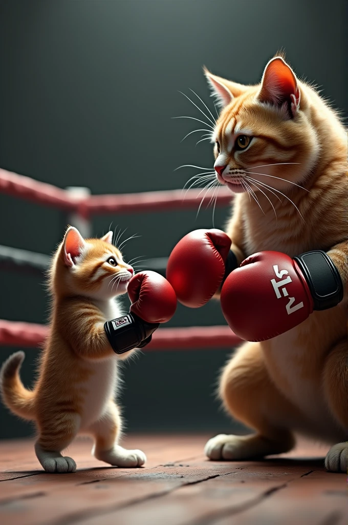 Let there be a kitten in the ring and a big and muscular cat next to it, let there be boxing gloves in their hands, let it be realistic 8k