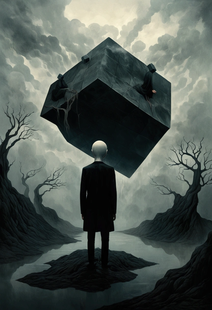 Faceless Man,(((Cube head)))，Cube Anthropomorphism，bend over，Tired， Alessio Albi, Abstract Surrealism, Faceless Man dark, Unsettling horror limbo, Mist