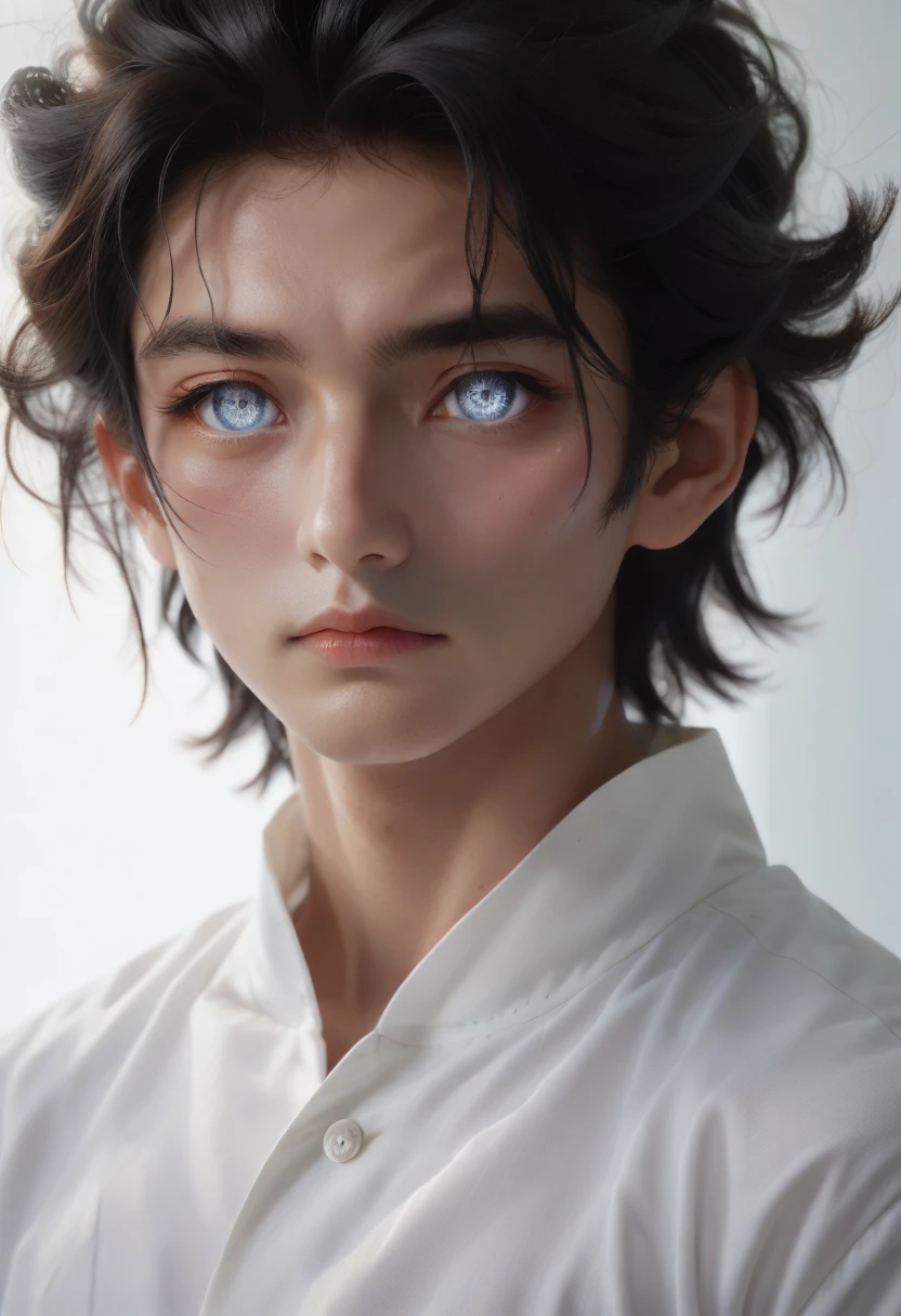 anime,(face),(beautiful detailed eyes), black hair,sliver eyes, masterpiece,looking at viewer, best_quality,white background,masterpiece,white shirt, arms behind back,  