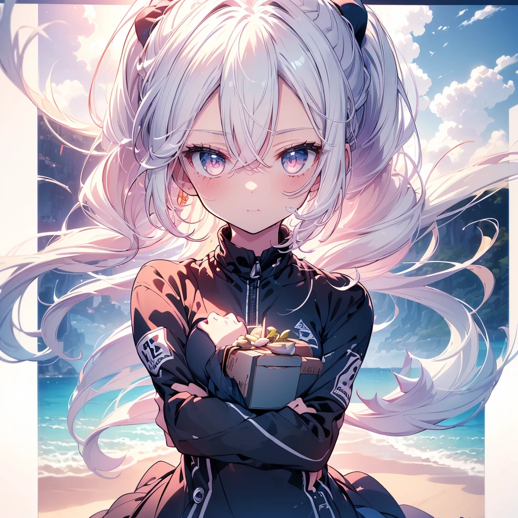 [(Transparent background:1.5)::5],(((masterpiece))),(((best quality))),(((extremely detailed))),illustration, 1girl,solo,mysterious,vivid color,shiny, (ponytail hair),(white hair),(cian eyes), full body,long hair tranquil nature, close up,Dynamic actions,Lens perspective, beach(((Box composition))), volumetric lighting, multi-color eyes, detailed eyes, hyper detail