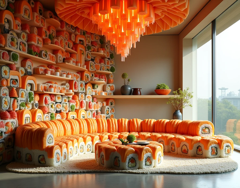 Create an extraordinary modern living room entirely constructed from sushi. The walls of the room are crafted from layers of neatly stacked sushi rolls, each roll displaying a vibrant cross-section of ingredients like salmon, tuna, avocado, and cucumber, forming a colorful, mosaic-like pattern across the room. The floor is made from a smooth, polished surface of compressed rice, with a subtle sheen resembling lacquered wood, and edges lined with delicate strips of nori (seaweed) for contrast.

The sofa, central to the room, is constructed from large rolls of maki, with plush cushions formed from thick slices of tamago (sweet omelette) and soft salmon sashimi. The backrest and armrests are reinforced with sturdy tempura rolls, adding a crispy texture to the design. A low coffee table in front of the sofa is shaped from a solid block of tamago sushi, with a tabletop of rice layered with a thin film of soy sauce, giving it a glossy, reflective finish.

In the corner, a minimalist shelving unit made from stacked nigiri pieces displays decorative sushi elements, like flowers made from thinly sliced ginger and wasabi, adding an artistic touch. The ceiling is adorned with hanging sushi pieces, like an abstract chandelier where pieces of sashimi dangle from threads of seaweed, glowing with a soft, ethereal light.

The windows are framed by thick sushi rolls, allowing the natural light to filter through translucent layers of rice paper, giving the room a warm, inviting ambiance. The entire space exudes a surreal yet sophisticated atmosphere, where the boundaries between food and architecture blur, creating a living space that is both visually captivating and conceptually innovative